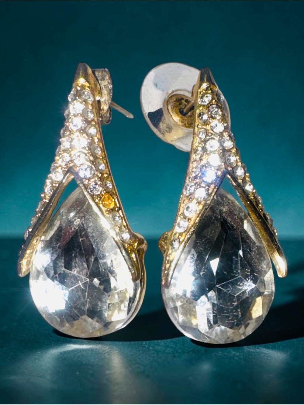 Vintage Pierced Gold Accented Clear Teardrop Heavy Costume Crystal Drop Earrings